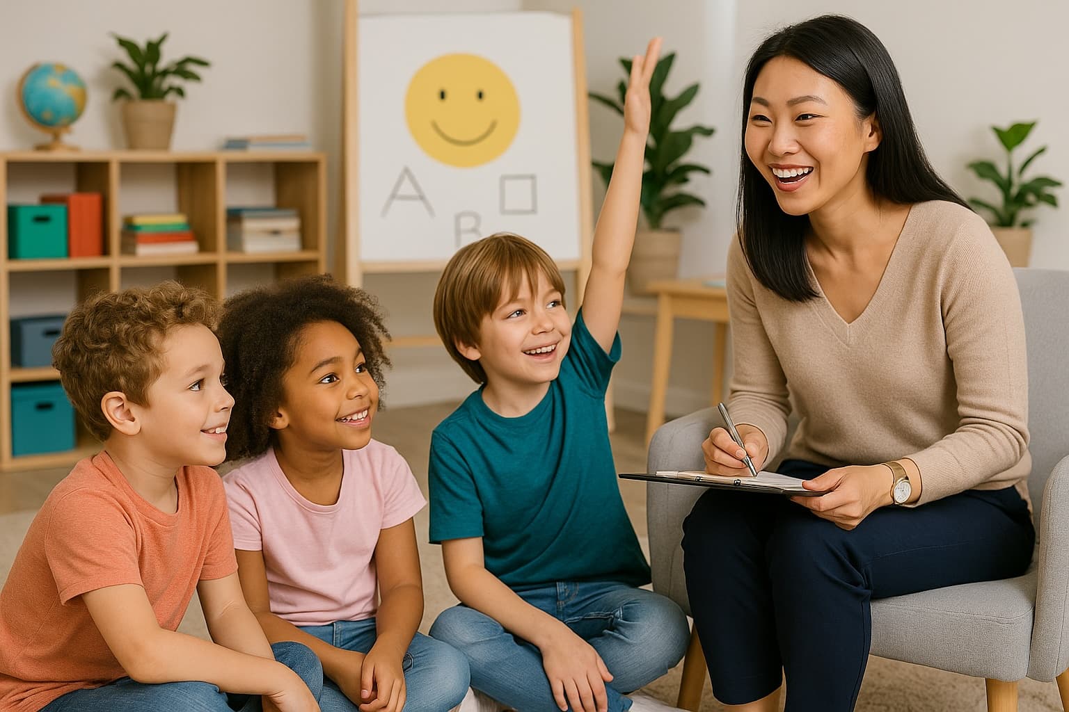 Child psychology session with diverse children and therapist